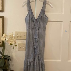 Blue-ruffled floral/ lace midi dress. Size S